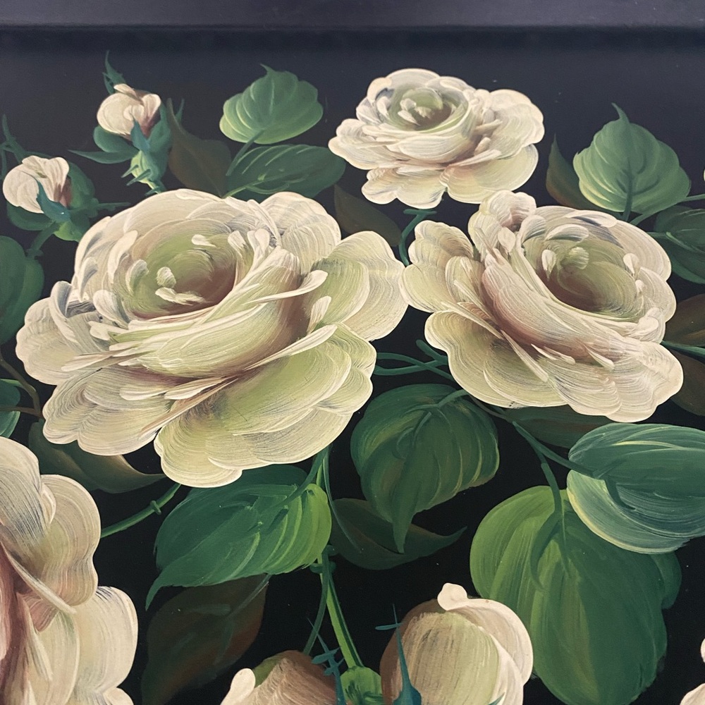 Vintage Octagonal Black Metal Toleware Tray with Exquisite Cream Roses &Leaves - Picture 2 of 8